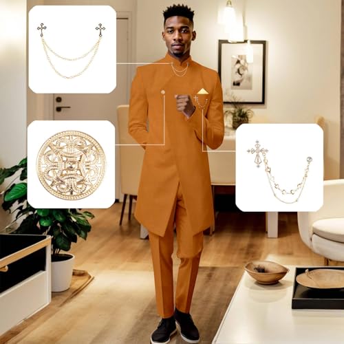 Men's Suit One Button Gold Chain Kerchief Blazer and Pants 2 Pieces Set Slim Fit African Suits3