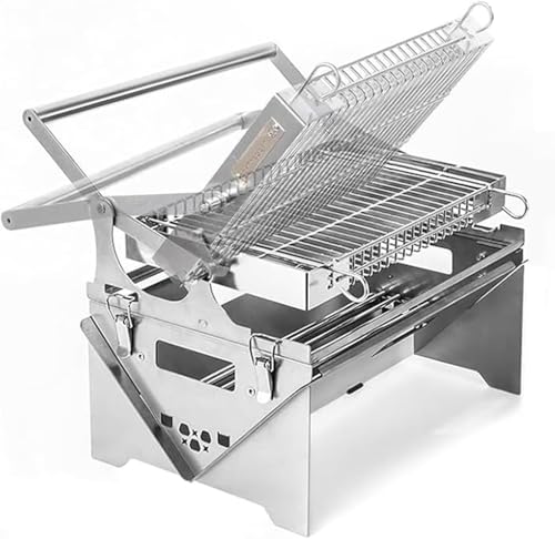 Parrilla portátil de carbón, barbacoa de acero inoxidable giratoria de 360° con bandeja extraíble y asas para cocinar al aire libre, fiestas en el jardín y picnics