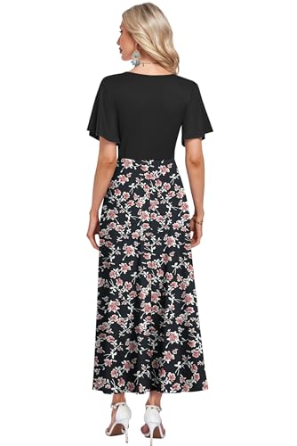 AUSELILY Boho Kleid Damen Lang Bodenlang Hohe Taille Lässiges Lockeres Sommerkleid mit Taschen Schwarz Rot Blume 2XL 5