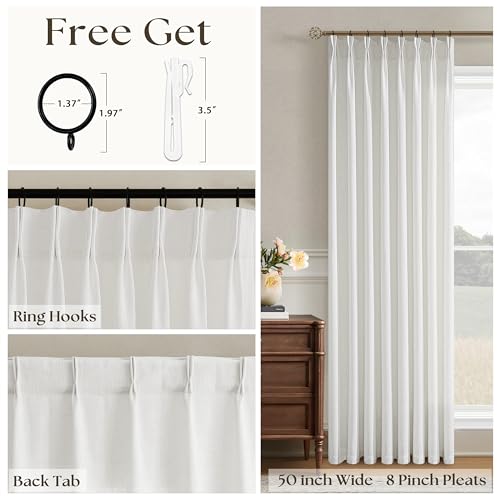Image of Pinch Pleated Linen Beige White Curtains 96 Inches Long for Living Room | Light Filtering, Pinch Pleat, Hooks Rings, Back Tab, Neutral, Boho, Farmhouse, Drapes for Bedroom, Large , 1 Panel, Birch