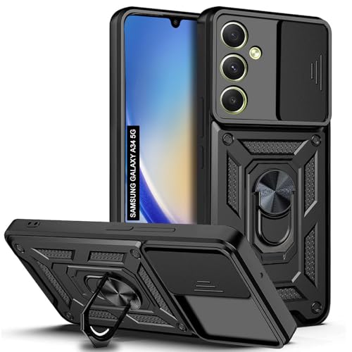 Image of AESTMO Tough Armor Samsung A34 5G Bumper Back Case Cover | Ring Holder & Sliding Camera Shield Cover | 360 Degree Protection Back Case Cover for Samsung A34 5G (Black)