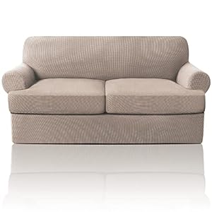 PrinceDeco T Cushion Loveseat Slipcover 3 Pieces Sofa Covers for T Cushion Sofa Stretch Slip Covers for 2 Cushion Couch with 2 Individual T Shape Seat Covers Width Up to 76″ – Washable, Sand