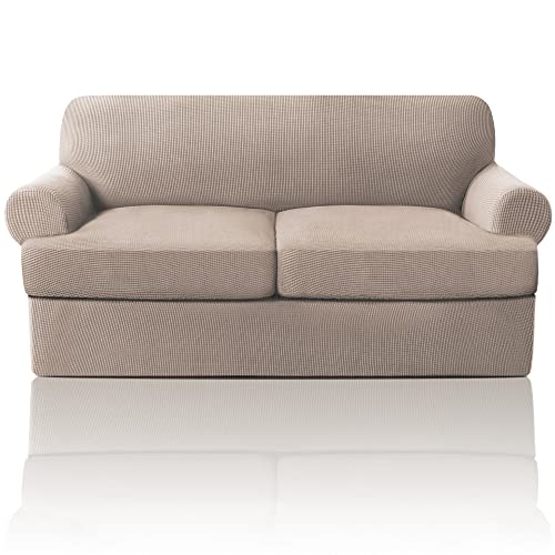 PrinceDeco T Cushion Loveseat Slipcover 3 Pieces Sofa Covers for T Cushion Sofa Stretch Slip Covers for 2 Cushion Couch with 2 Individual T Shape Seat Covers Width Up to 76" - Washable, Sand