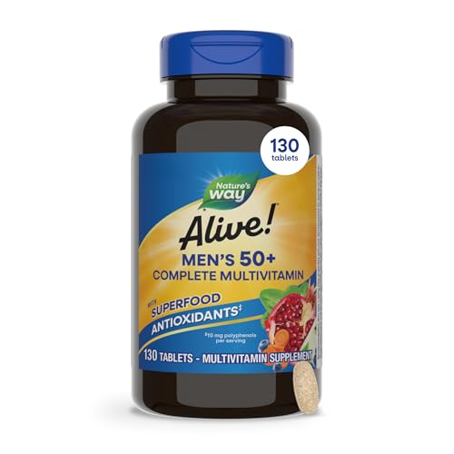 Nature's Way Alive! Men’s 50+ Multivitamin Complete Tablets, Daily Multivitamin for Men Over 50, Supports Cellular Energy Metabolism, Heart, Muscle & Eye Health*, High Potency Vitamins, 130 Tablets