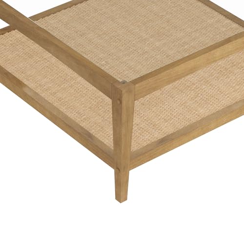 Image of Nathan James Hayes Glass Top Coffee Table, Solid Wood Coffee Table with Glass Top and Rattan Bottom Shelf, Light Brown