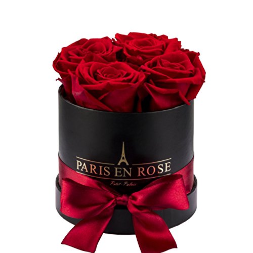 PARIS EN ROSE Rosenbox | mit 4 roten Infinity Rosen Größe XL | konservierte ewige Rose | runde Schwarze Box mit Schleife | 3 Jahre haltbar