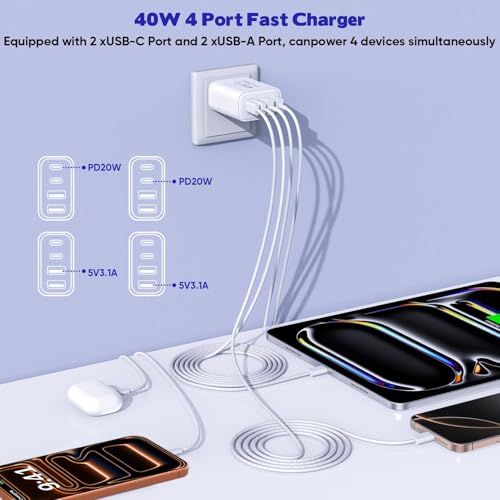 Image of iPhone 17 16 USB C Fast Charger Block,USB C Charging Block 2Pack 40W Type C 4in1 Multiport Fast Plug Apple Charger for Apple iPhone 17 Pro Max /Air /17 Pro /16 Plus /16e /15 ProMax /14 /13 /12 /XsMax /XR /X,iPad