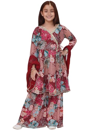 Image of Preneum Girls's Cotton Rayon Printed Angrakha Kurta with Sharara & Dupatta