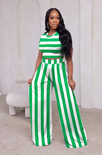 Fooullaide Summer Two Piece Outfit For Women Sexy Short Sleeve Crop Tops Sweatsuit High Waist Wide Leg Pant Set Jumpsuit #TOP2
