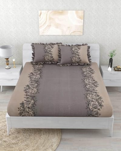 Image of 350 TC Premium Heavy Cotton Feel Elastic Fitted Bedsheet King Size with 2 Frill Pillow Covers King Size || Double Bed with All Around Elastic (Coffee Frill, Double)