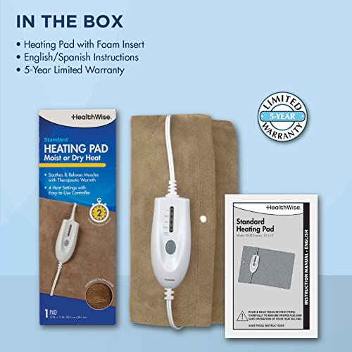 HealthWise Deluxe 12” x 15” Heating Pad with Moist & Dry Heat | Four-Heat Settings | Soothing Warm Relief, Brown (59-310)
