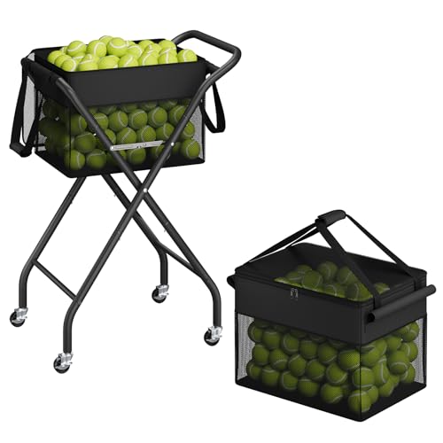 ELYKEN Tennis Ball Hopper with Wheels, Holds 220 Tennis Balls or 160 Pickleballs, Foldable Ball Retriever Basket, Portable Ball Collector Caddy for Tennis & Pickleball Training, Practice and Storage
