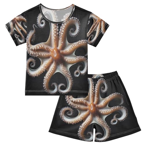 ALAZA Octopus Kraken Black Pajamas Set Short Sleeve Cotton Sleepwear Summer Pjs 2 Piece 5-14Y