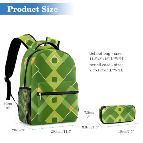Sac à dos géométrique vert et trousse assortie pour l'école - 2
