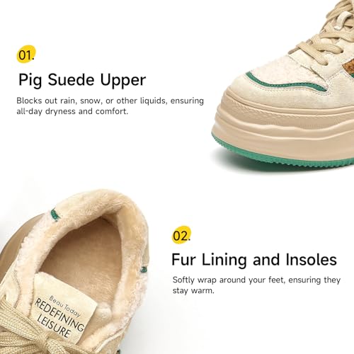 BEAU TODAY Fur Lined Winter Sneakers for Women, Womens Chunky Platform Warm Sneakers, Comfortable Suede Snow Lace-up Non-Slip Round Toe Casual Snow Walking Tennis Shoes2