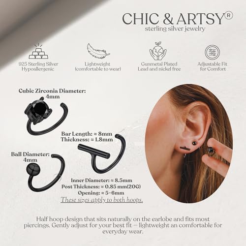 Image of CHIC & ARTSY 925 Sterling Silver Half Hoop Earrings for Women, Small Huggie Hoops Set with Ball Bar Star Moon Cross & Pearl, Lightweight Comfort Fit Everyday & Sleep Earrings