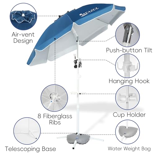 6.5ft Sun Shade Umbrella, Portable Umbrella with Stand for Sports, Water Weight Bag, Adjustable and Lightweight, Sun Protection, Blue - Image 3