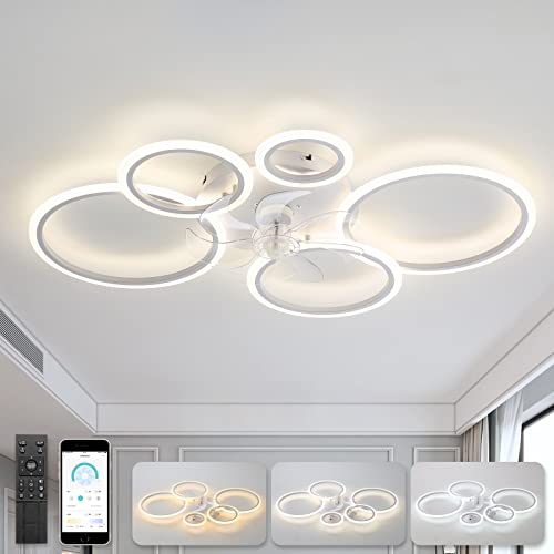 Moderno ventilador de techo blanco de 100 cm con luz LED integrada, diseño circular regulable, ventilador reversible de 6 velocidades con control remoto para sala de estar