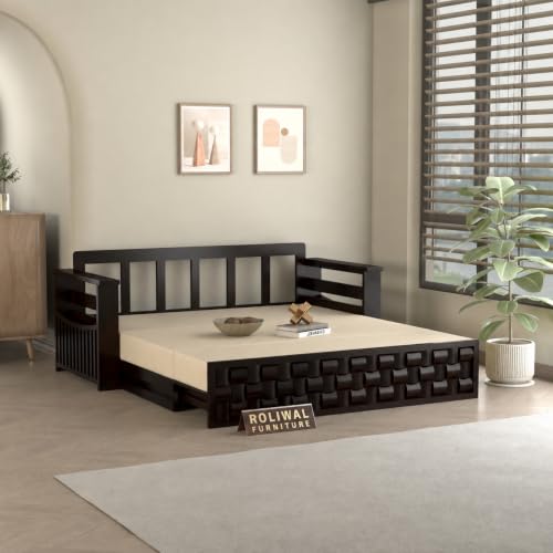 Image of Solid Sheesham Wood Sofa Cums Bed with Mattress & Storage | Rosewood Convertible Sofa Bed for Living Room & Bedroom (G-Walnut, 3 Seater)
