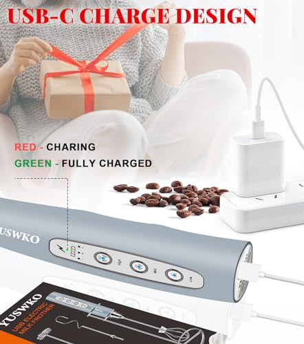 Image of YUSWKO Rechargeable Milk Frother for Coffee, Handheld Drink Mixer with 3 Heads 3 Speeds, Ideal Electric Stirrers for Travel