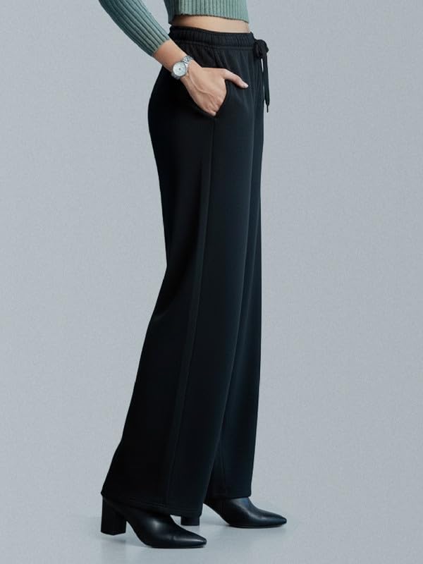 Image of GO COLORS Polycotton Fleece Wide Pants for Women | Relaxed Fit, High Rise