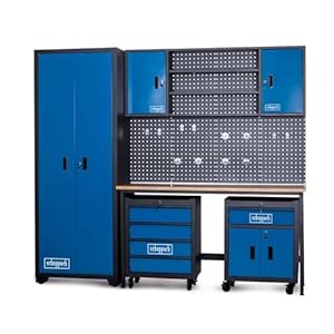 Scheppach GWS08 – Sistema modular para taller, armario de herramientas, armario con cerradura, armario alto, pared perforada, 12 ganchos, banco de trabajo, 2 carros de taller