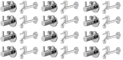 Spazio Stainless Steel Turbo Angle Valve With Long Body Combo Pack Foam Flow Water Taps With Wall Flange (Pack of 12) (Chrome Plated, Brass Disc)
