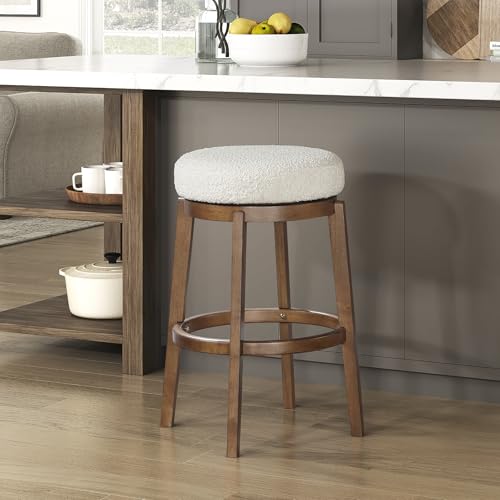 Butaco giratorio de altura de barra Lexicon estilo mid-century, asiento tapizado en bouclé blanco y estructura de madera maciza, sin respaldo, giro de 360 grados para isla de cocina y barra doméstica, color marrón miniatura 1
