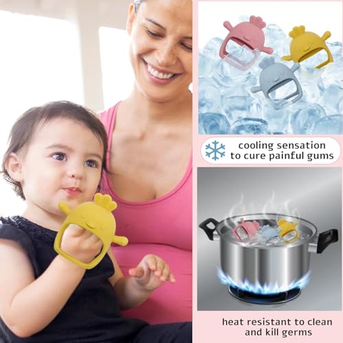 Image of PandaEar Silicone Baby Teething Toys| Baby Hand Teether Mitten for Sucking Needs| Chew Toys Hand Pacifier for Soothing Teething Pain Relief (Rattle Penguin Yellow)