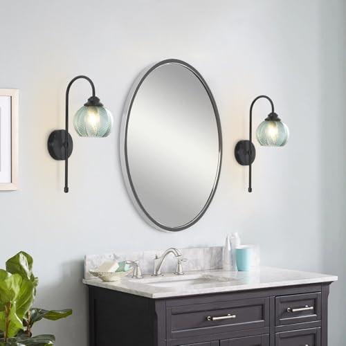 Image of KCO Lighting Vintage Green Glass Wall Sconce Black Globe Sconce Mid Century Modern Long Wall Light Fixture for Living Room Bedroom Bathroom