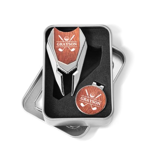 Personalized Golf Divot Repair Tool with Magnetic Golf Ball Marker Hat Clip with Box- Customizable with Name or Photo - Metal Golf Accessories for Men (Motifs)