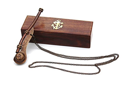 Bosun's Whistle Antique Brass with Hardwood Anchor Inlaid Box