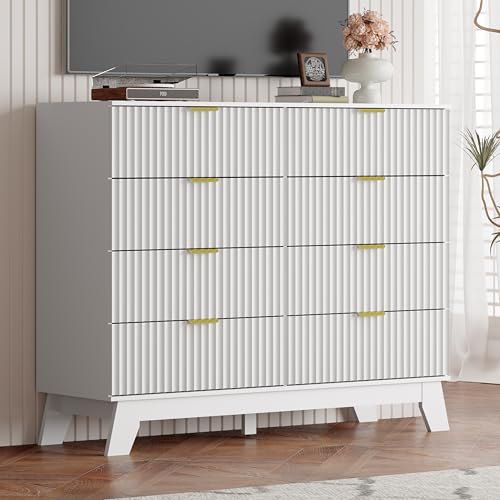 Image of White Dresser 8 Drawer Dresser for Bedroom, 47''Wide Fluted Wooden Dresser Storage Cabinet and Chest of Drawers with Metal Handle, Storage Organizer for Living Room, Hallway, Entryway