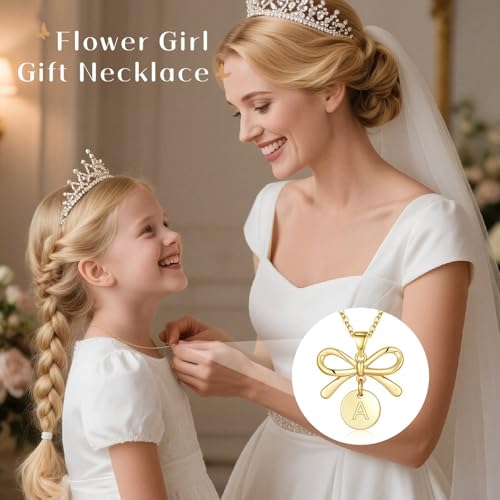 IEFLIFE Flower Girl Gifts - 14K Gold Plated Disc Initial Flower Girl Proposal Necklace Gifts for Girls from Bride, Bow Necklace Gift for Girls on Wedding Bridal Shower Party Jewelry2