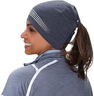 TrailHeads Ponytail Hat - Adrenaline Series | Womens Running Beanie with Reflective Accents | Black Skull Cap