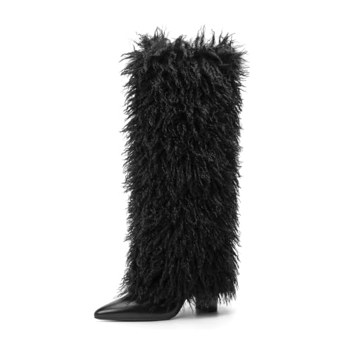 Image of Knee High Boots Women Fold Over Boots Chunky Heel Pointed Toe Tall Boots | Fashion Slouchy Boots,Side Zipper Shark Boots,Fall Spring Winter Fashion Dress Tall Boots,Evening Bridal office Long Boots