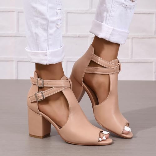 Image of Women's Peep Toe Sandals Side Cutout Chunky high Heel Adjustable Buckle | Summer booties, dressy, breathable, stacked, wide footbed, non-slip, ankle strap, all-day comfort, for parties, casual, work