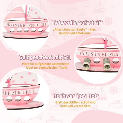 Taufgeschenke Jungen Und Mädchen, Persönliches Holz Segelboot Als Geschenk Zur Taufe, Mit Taufkarte, Geldgeschenk Idee, Einzigartiges Erinnerungsstück Zur Taufe (Rosa)