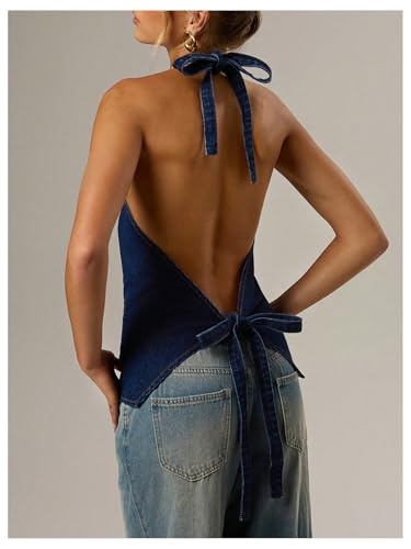 Verdusa Women's Tie Back Button Up Denim Vest Backless Sleeveless Halter Jean Tops2