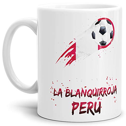 Tassendruck Fussball-Tasse mit Spruch - La Blanquirroja - Weiss Fahne/Länderfarbe/WM 2018/Peru/Weltmeisterschaft/Cup/Tor/Qualität Made in Germany