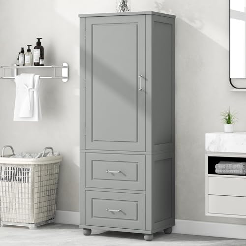 THINK 30 Tall Bathroom Storage Cabinet, Freestanding Storage Cabinet with Two Drawers and Adjustable Shelf, MDF Board with Painted Finish (Grey)
