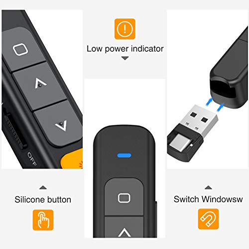 DinoFire Wireless PowerPoint Presentation Clicker Remote, 2 in 1 Type C and USB A RF 2.4GHz PPT Presentation Presenter Laptop Clicker Pointer Slide Advancer with Hyperlink Volume Control - Thumbnail 6