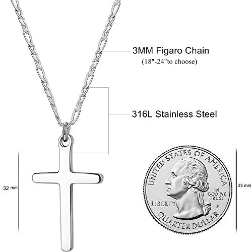 Cross Necklace For Boys Stainless Steel Figaro Chain Cross Pendant Necklace Plain Polished Simple Faith Jewelry Gift For Men Women 16 Inches #TOP4