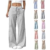 NZYIHAO Leinenhose Damen, Damen Hosen Weite Lose Gerade Geschnitten Palazzo Hose Hohe Taille Dehnbar Lounge Elegante Stoffhose mit Taschen Gestreiftes Freizeithose