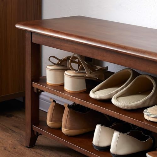 Image of Solid Wood Shoe Rack Bench | 3 Tier Shoe Storage Organizer for Entryway, Hallway & Living Room | Multipurpose Wooden Shoe Stand | Space Saving Footwear Rack for Home | Walnut Finish (60 CM)