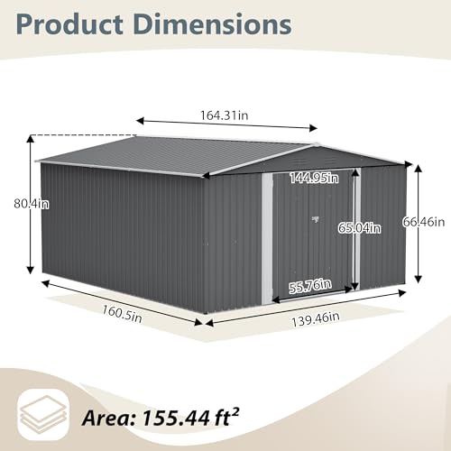Image of YOPTO 12x14FT Outdoor Storage Shed Metal Shed W /Floor Frame,Garden Tool House W / 4 Air Vents,Lockable Double Doors & Sloped Roof,for Patio,Lawn,Backyard,Light Gray