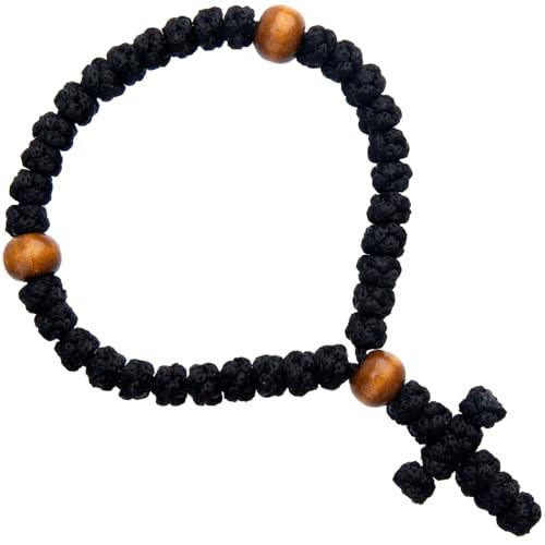 Handmade 33 Knot Prayer Rope, Traditional Christian Orthodox Blessed Cross Charm, Car Hanging Prayer Cord for Men & Women- Black