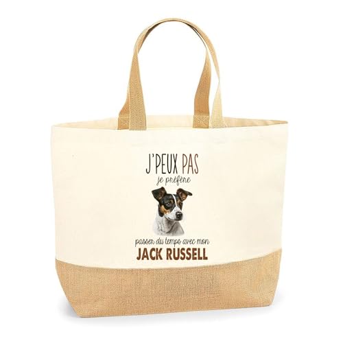 Sac Cabas de Plage Chien Passer du Temps | Toile de Jute Coton Courses Idée Cadeau Personnalisé Proprietaire du Chien (Jack Russell)
