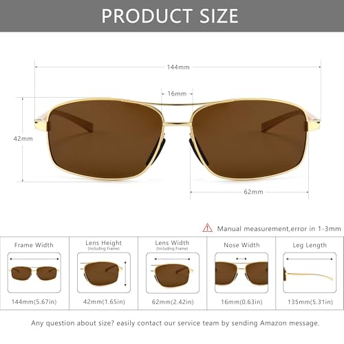 Image of SUNGAIT Ultra Lightweight Rectangular Polarized Sunglasses UV400 Protection (Gold Frame Brown Lens, 62) Metal Frame SGT458 JKC-CA