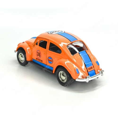 Image of Classic Vintage VW Beetle Diecast Metal Pullback Toy car with Openable Doors for Kids | 1:36 Scale Model | Pull Back | Gift for Boys Girls (Orange with Stripes)